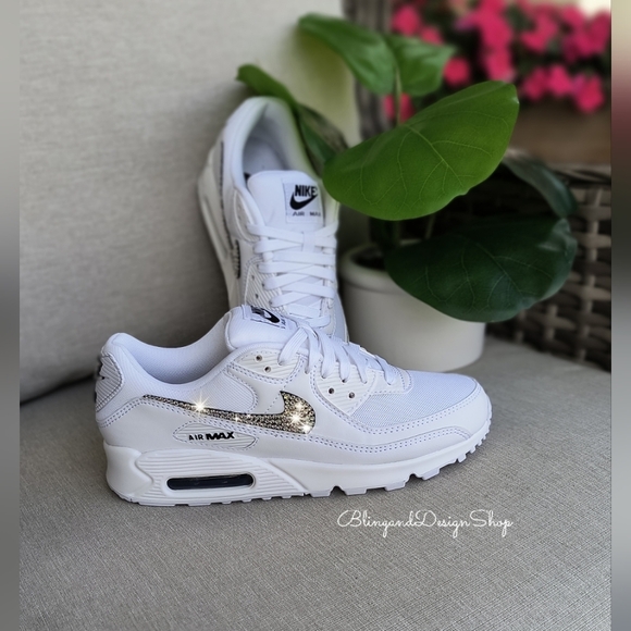Women's Bling Nike Air Max 90 White Sneakers Shoes made with Swarovski C… - Picture 3 of 5
